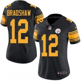 Steelers #12 Terry Bradshaw Black Women's Stitched NFL Limited Rush Jersey