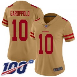 49ers #10 Jimmy Garoppolo Gold Women's Stitched NFL Limited Inverted Legend 100th Season Jersey