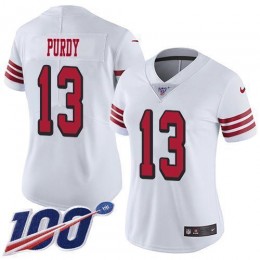 49ers #13 Brock Purdy White Rush Women's Stitched NFL Limited 100th Season Jersey