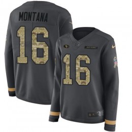 49ers #16 Joe Montana Anthracite Salute To Service Women's Stitched NFL Limited Therma Long Sleeve Jersey