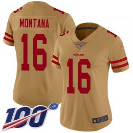 49ers #16 Joe Montana Gold Women's Stitched NFL Limited Inverted Legend 100th Season Jersey