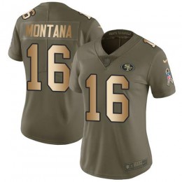 49ers #16 Joe Montana Olive/Gold Women's Stitched NFL Limited 2017 Salute To Service Jersey