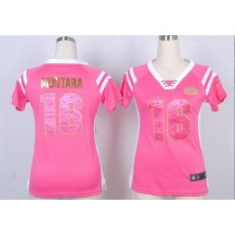49ers #16 Joe Montana Pink Women's Stitched NFL Elite Draft Him Shimmer Jersey