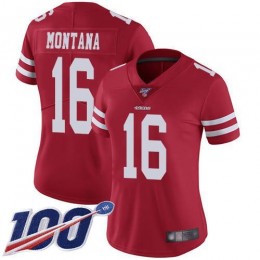 49ers #16 Joe Montana Red Team Color Women's Stitched NFL 100th Season Vapor Limited Jersey