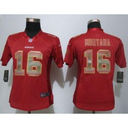 49ers #16 Joe Montana Red Team Color Women's Stitched NFL Elite Strobe Jersey