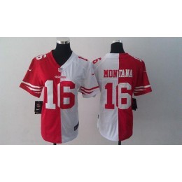 49ers #16 Joe Montana Red/White Women's Stitched NFL Elite Split Jersey