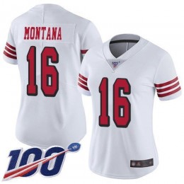 49ers #16 Joe Montana White Rush Women's Stitched NFL Limited 100th Season Jersey