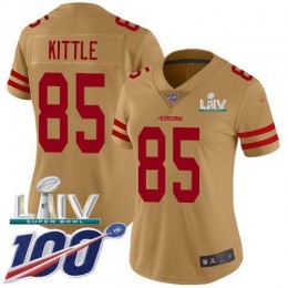 49ers #85 George Kittle Gold Super Bowl LIV 2020 Women's Stitched NFL Limited Inverted Legend 100th Season Jersey