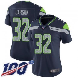 Seattle Seahawks #32 Chris Carson Steel Blue Team Color Women's Stitched NFL 100th Season Vapor Limited Jersey