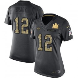 Buccaneers #12 Tom Brady Black Women's Super Bowl LV Champions Patch Stitched NFL Limited 2016 Salute To Service Jersey