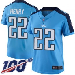 Titans #22 Derrick Henry Light Blue Women's Stitched NFL Limited Rush 100th Season Jersey