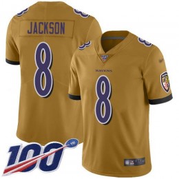 Ravens #8 Lamar Jackson Gold Youth Stitched NFL Limited Inverted Legend 100th Season Jersey