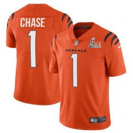 Cincinnati Bengals #1 Ja’Marr Chase Orange Super Bowl LVI Patch Youth Alternate Vapor Limited Jersey