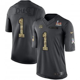Bengals #1 Ja’Marr Chase Black Team Color Super Bowl LVI Patch Youth Stitched NFL Limited Therma Long Sleeve Jersey