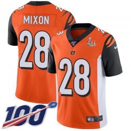 Bengals #28 Joe Mixon Orange Super Bowl LVI Patch Alternate Youth Stitched NFL 100th Season Vapor Limited Jersey