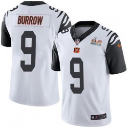 Bengals #9 Joe Burrow White Super Bowl LVI Patch Youth Stitched NFL Limited Rush Jersey