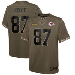 Kansas City Chiefs #87 Travis Kelce Youth 2022 Salute To Service Limited Jersey – Olive