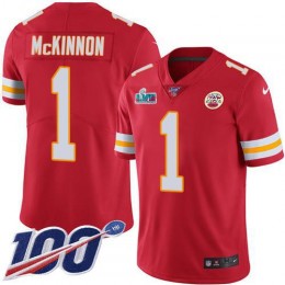 Chiefs #1 Jerick McKinnon Red Team Color Super Bowl LVII Patch Youth Stitched NFL 100th Season Vapor Limited Jersey