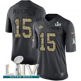 Chiefs #15 Patrick Mahomes Black Super Bowl LIV 2020 Youth Stitched NFL Limited 2016 Salute To Service Jersey