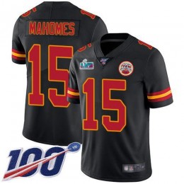 Chiefs #15 Patrick Mahomes Black Super Bowl LVII Patch Youth Stitched NFL Limited Rush 100th Season Jersey