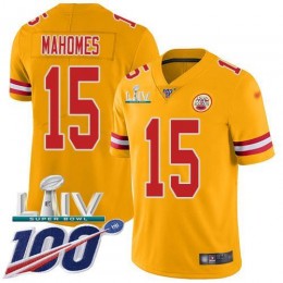 Chiefs #15 Patrick Mahomes Gold Super Bowl LIV 2020 Youth Stitched NFL Limited Inverted Legend 100th Season Jersey