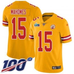Chiefs #15 Patrick Mahomes Gold Super Bowl LVII Patch Youth Stitched NFL Limited Inverted Legend 100th Season Jersey