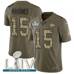 Chiefs #15 Patrick Mahomes Olive/Camo Super Bowl LIV 2020 Youth Stitched NFL Limited 2017 Salute To Service Jersey