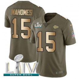 Chiefs #15 Patrick Mahomes Olive/Gold Super Bowl LIV 2020 Youth Stitched NFL Limited 2017 Salute To Service Jersey