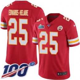 Chiefs #25 Clyde Edwards-Helaire Red Team Color Super Bowl LVII Patch Youth Stitched NFL 100th Season Vapor Limited Jersey