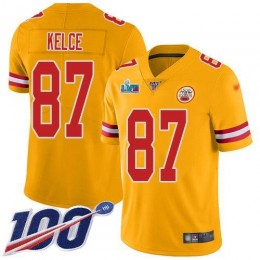 Chiefs #87 Travis Kelce Gold Super Bowl LVII Patch Youth Stitched NFL Limited Inverted Legend 100th Season Jersey