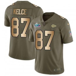 Chiefs #87 Travis Kelce Olive/Gold Super Bowl LVII Patch Youth Stitched NFL Limited 2017 Salute To Service Jersey