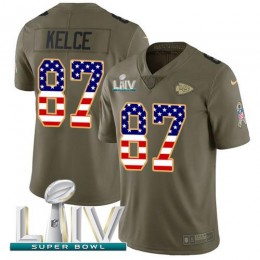 Chiefs #87 Travis Kelce Olive/USA Flag Super Bowl LIV 2020 Youth Stitched NFL Limited 2017 Salute To Service Jersey
