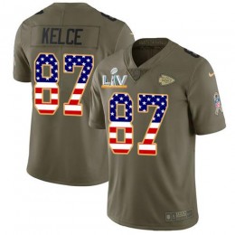 Chiefs #87 Travis Kelce Olive/USA Flag Youth Super Bowl LV Bound Stitched NFL Limited 2017 Salute To Service Jersey