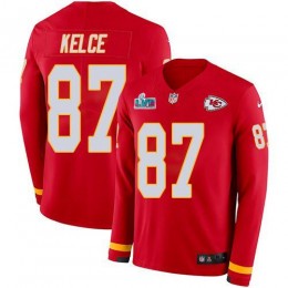Chiefs #87 Travis Kelce Red Team Color Super Bowl LVII Patch Youth Stitched NFL Limited Therma Long Sleeve Jersey