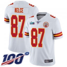 Chiefs #87 Travis Kelce White Super Bowl LVII Patch Youth Stitched NFL 100th Season Vapor Limited Jersey