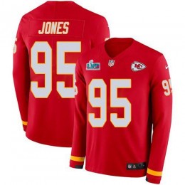 Chiefs #95 Chris Jones Red Team Color Super Bowl LVII Patch Youth Stitched NFL Limited Therma Long Sleeve Jersey