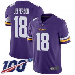 Vikings #18 Justin Jefferson Purple Team Color Youth Stitched NFL 100th Season Vapor Untouchable Limited Jersey