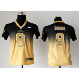 Saints #9 Drew Brees Black/Gold Youth Stitched NFL Elite Fadeaway Fashion Jersey