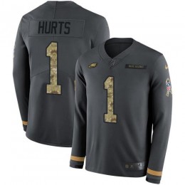 Eagles #1 Jalen Hurts Anthracite Salute To Service Youth Stitched NFL Limited Therma Long Sleeve Jersey