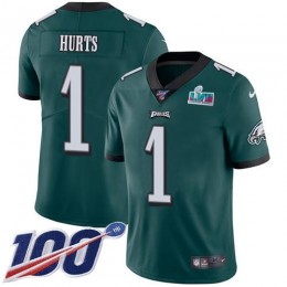 Eagles #1 Jalen Hurts Green Team Color Super Bowl LVII Patch Youth Stitched NFL 100th Season Vapor Limited Jersey