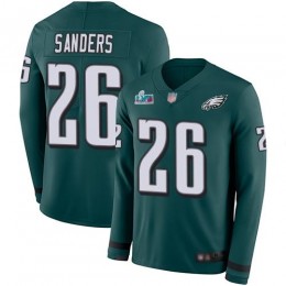 Eagles #26 Miles Sanders Green Super Bowl LVII Patch Team Color Youth Stitched NFL Limited Therma Long Sleeve Jersey