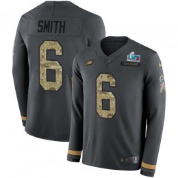 Eagles #6 DeVonta Smith Anthracite Super Bowl LVII Patch Salute To Service Youth Stitched NFL Limited Therma Long Sleeve Jersey