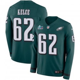 Eagles #62 Jason Kelce Green Super Bowl LVII Patch Team Color Youth Stitched NFL Limited Therma Long Sleeve Jersey