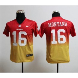 49ers #16 Joe Montana Red/Gold Youth Stitched NFL Elite Fadeaway Fashion Jersey