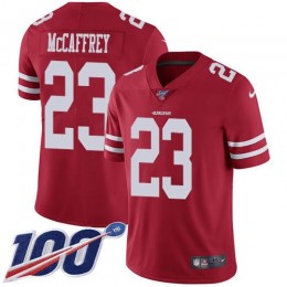 49ers #23 Christian McCaffrey Red Team Color Youth Stitched NFL 100th Season Vapor Limited Jersey