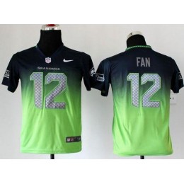 Seahawks #12 Fan Steel Blue/Green Youth Stitched NFL Elite Fadeaway Fashion Jersey